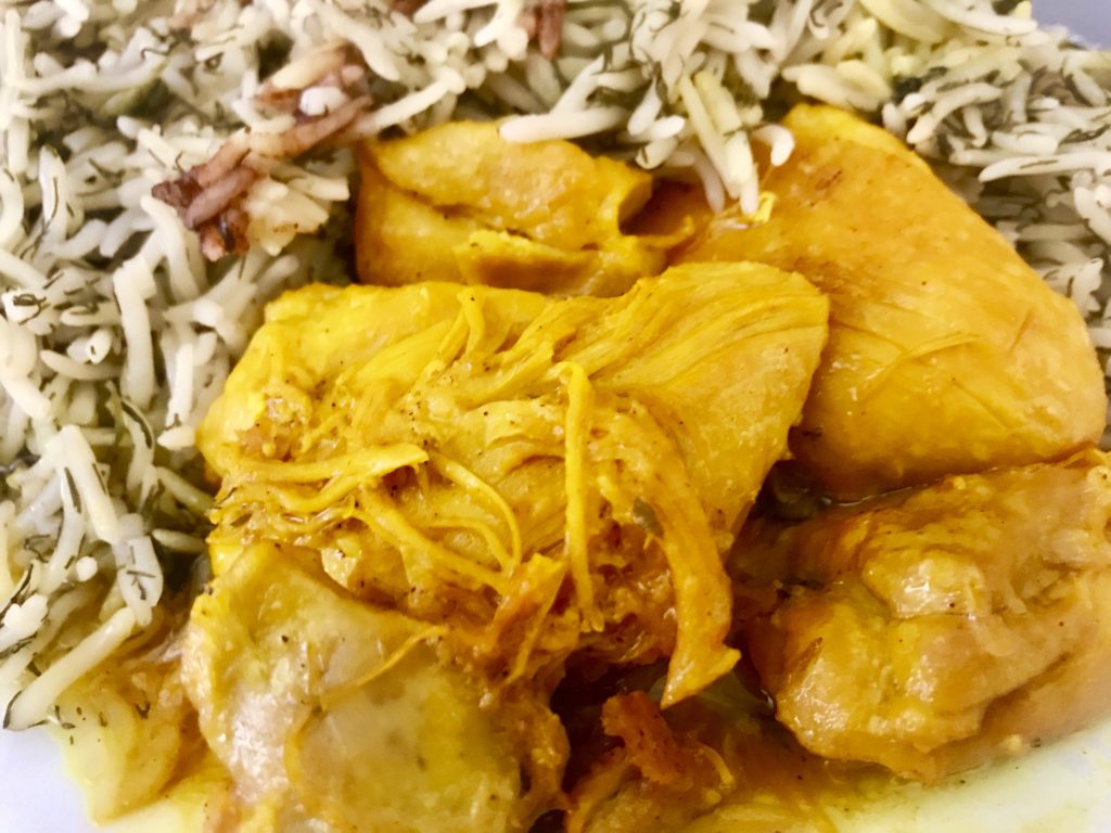 Saffron Chicken with Baghali Polo, or Persian Saffron Chicken