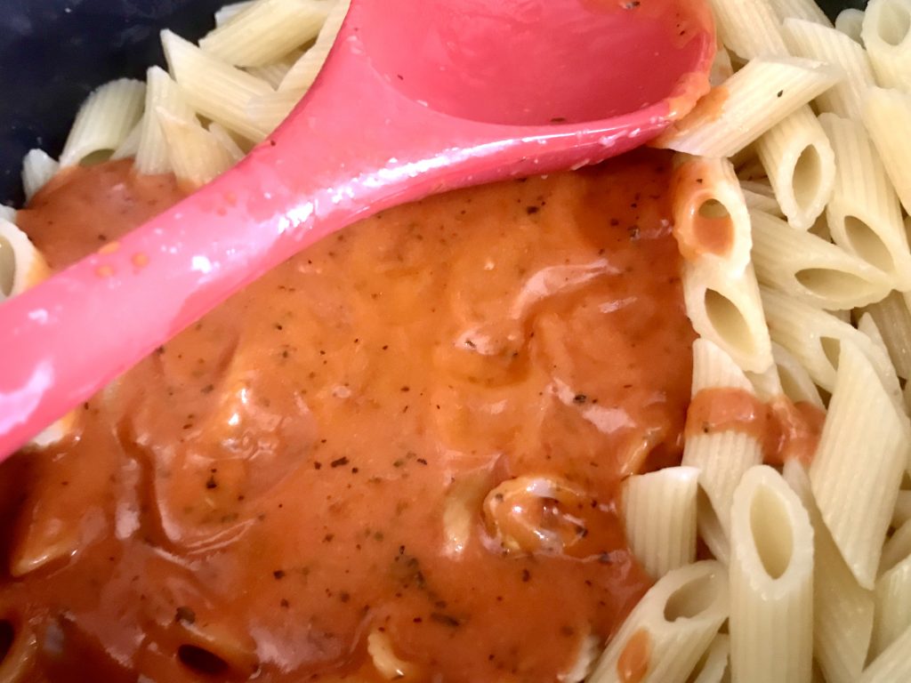 Quick and Easy Penne, Tomato Sauce added to Pasta