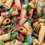 Rigatoni with Fire-Roasted Tomatoes, Anchovies & Kalamata Olives