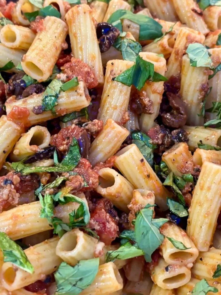 Rigatoni with Fire-Roasted Tomatoes, Anchovies & Kalamata Olives